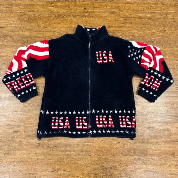 VTG Black Mountain Outdoor USA America Flag Fleece Full Zip Jacket Sweater Men L - Picture 2 of 8